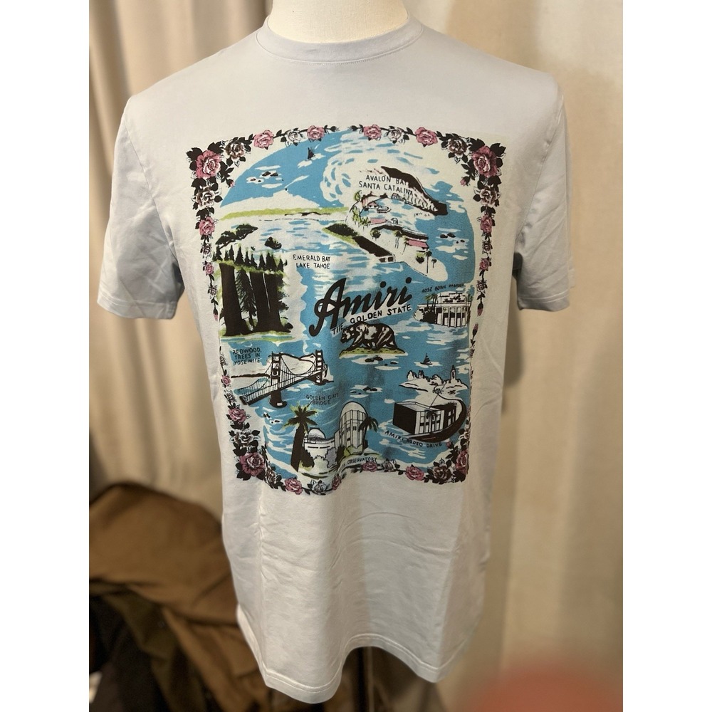 Amiri Men's Large T Shirt Light Blue With California Graphics‎